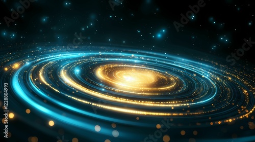 A mesmerizing galaxy with swirling blue and gold patterns, surrounded by sparkling stars in a vast cosmic backdrop.