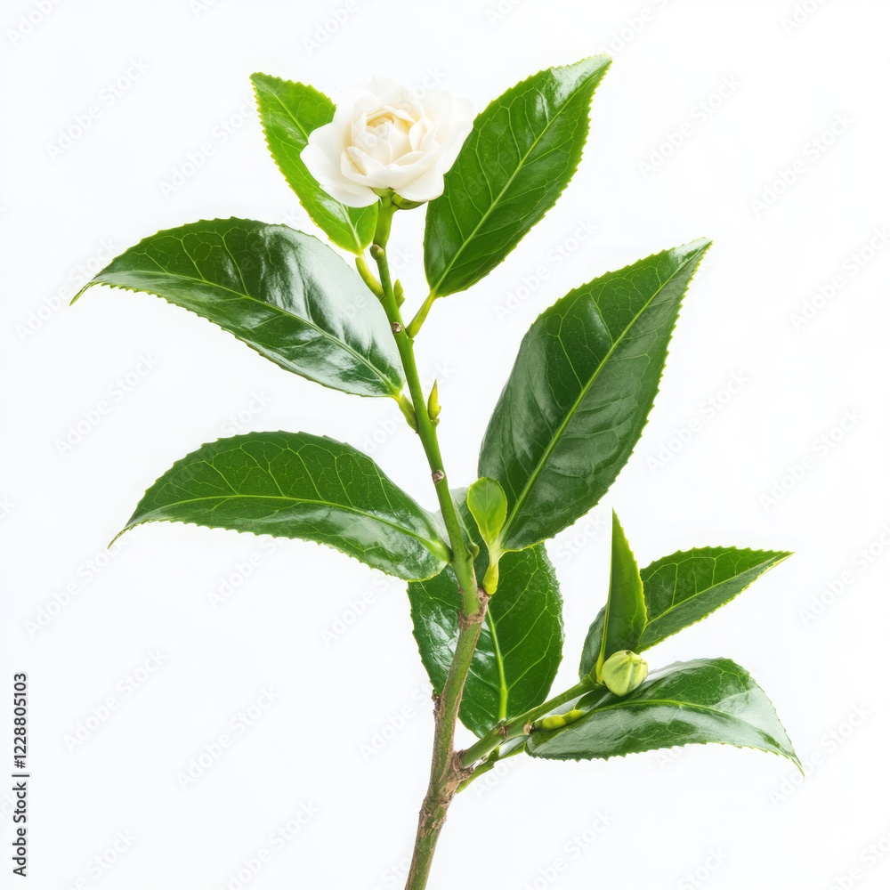 close-up of single white camellia blossom with green leaves on camellia branch featuring camellia japonica and camellia sasanqua in detailed plant photography