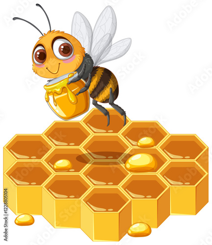 Happy Bee on Honeycomb with Honey