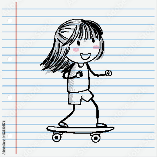 Happy Girl Skateboarding on Notebook Paper