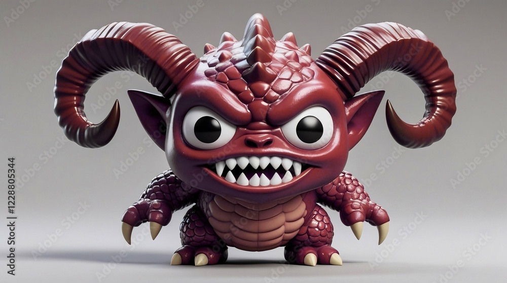 Naklejka premium Red Monster with Big Horns and Sharp Teeth