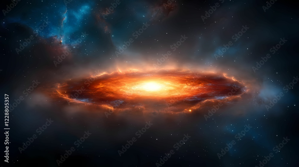 Fototapeta premium A vibrant, swirling galaxy with a bright orange core, surrounded by cosmic dust and starry skies, showcasing the beauty of the universe.