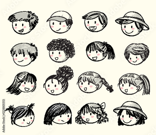 Diverse Children's Faces in Sketch Style