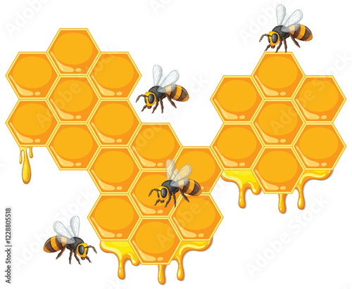 Bees and Honeycomb Vector Illustration