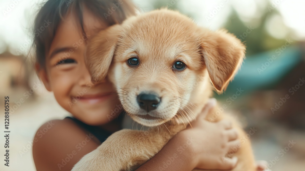 National Pet Day rescue celebration, smiling child hugging a newly adopted puppy, bright home setting symbolizing happiness National Pet Day rescue celebration, smiling child hugging a newly adopted puppy, bright home setting symbolizing happiness