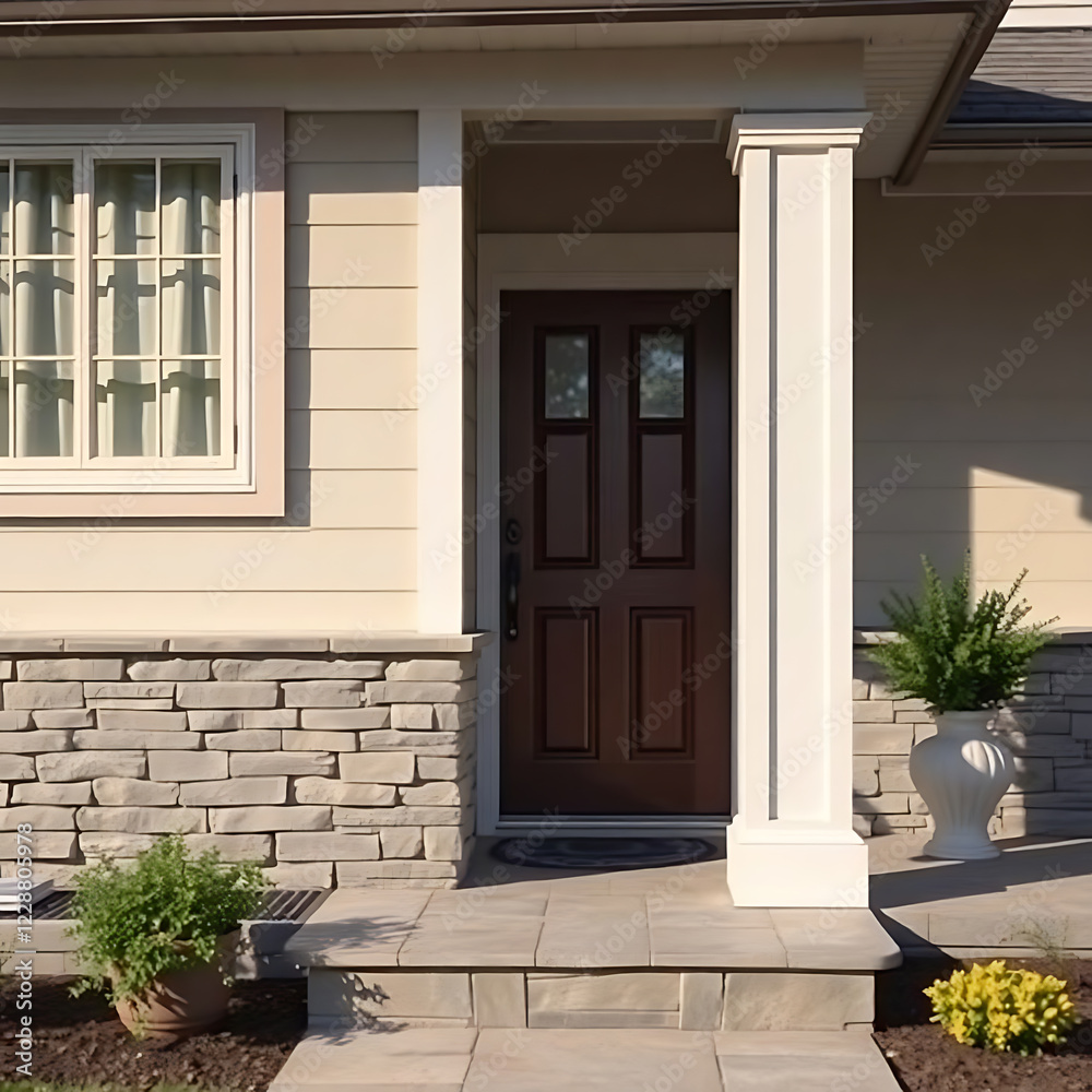 Fototapeta premium Elegant Home Exterior with Stone Accents and Classic Design. Features a charming front porch and a rich brown door. Perfect for real estate listings and home design inspiration.