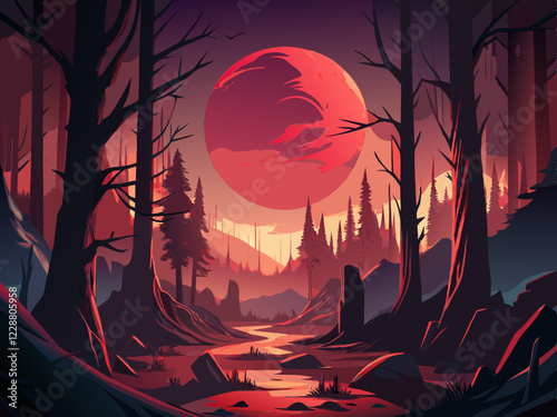 "Eerie Primeval Forest with Blood-Red Moon – Cinematic Vector Artwork"

