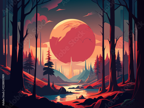 "Eerie Primeval Forest with Blood-Red Moon – Cinematic Vector Artwork"

