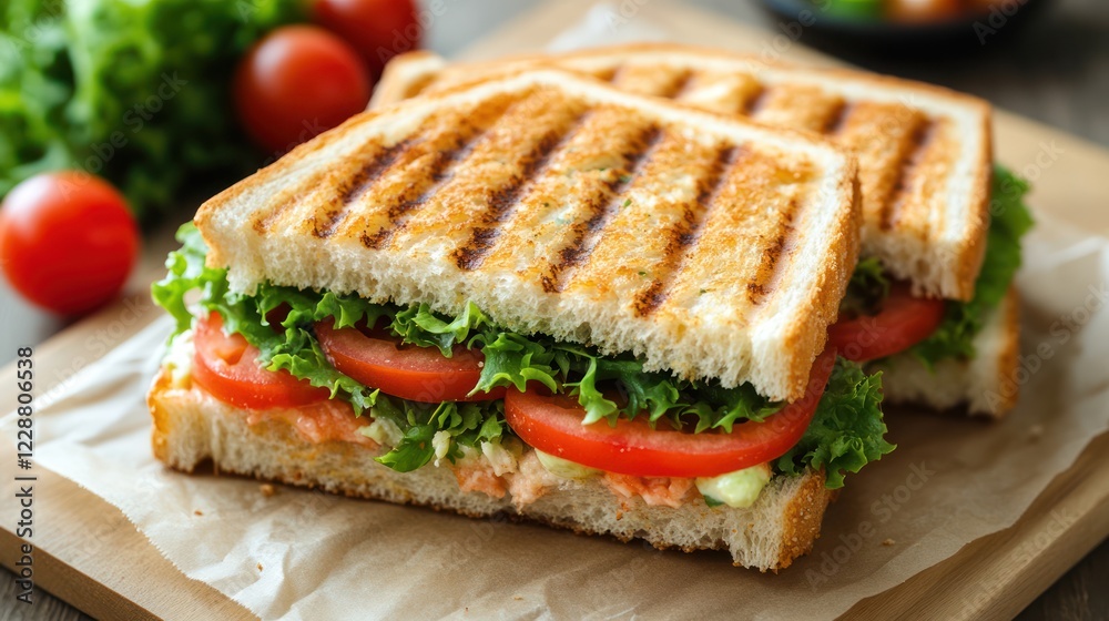 Grilled cheese sandwich with salmon, tomato, and lettuce. Grilled cheese sandwich with salmon, tomato, and lettuce.