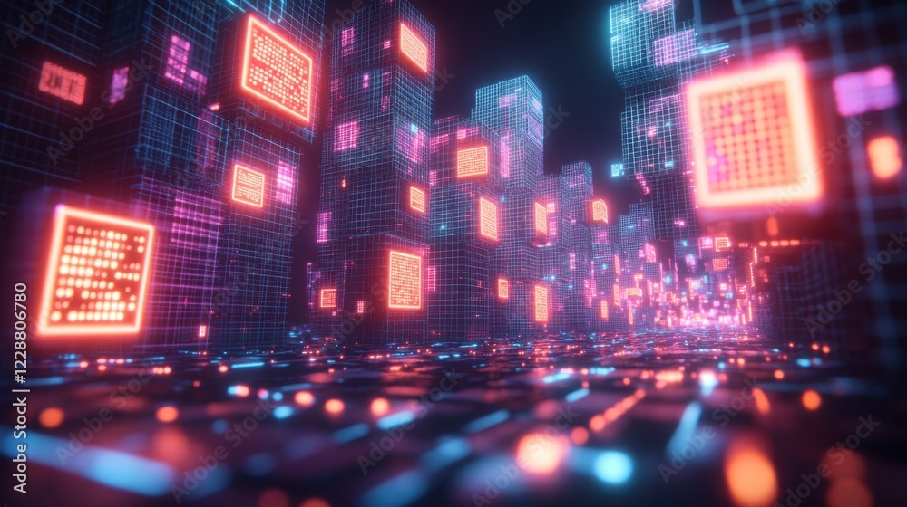 Fototapeta premium A futuristic cityscape with glowing neon grids and digital elements.