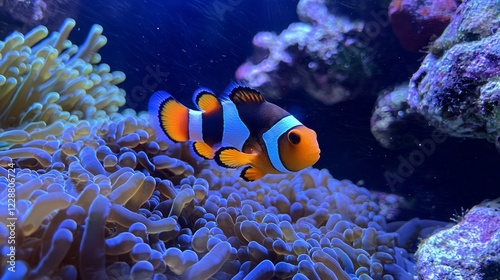 Brightly colored clownfish swim playfully among lush sea anemones, showcasing their vivid oranges and blacks. This lively interaction occurs in a vibrant underwater world, full of life