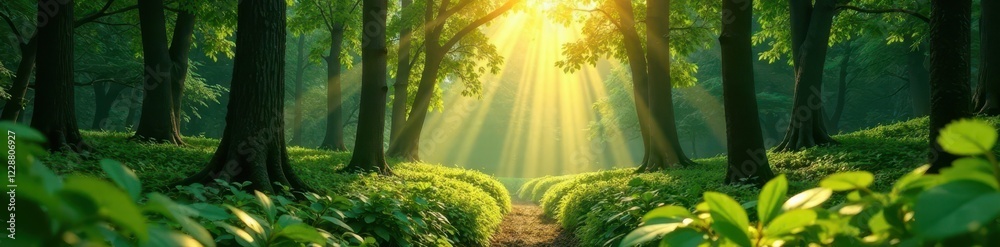 Fototapeta premium Emerald forest, golden sunlight filtering through, light, path