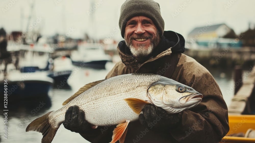 Obraz premium A fisherman proudly holding a large, shiny fish, standing on a wooden pier with boats anchored in the background,