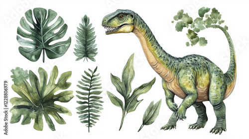 watercolor dinosaur with tropical leaves illustration: captivating prehistoric art featuring jurassic animals and exotic foliage in vibrant hand-painted design