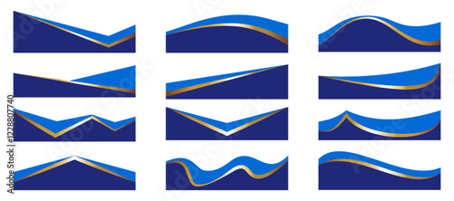 Border shapes for banner design. Blue header sections with golden lines. Abstract vector bottom background for web page. Curved divider templates. Wavy horizontal separator set