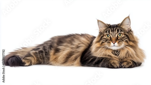 Majestic Maine Coon cat with thick fur on white background.