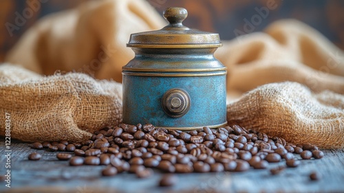 Vintage coffee canister, beans, burlap, wood photo