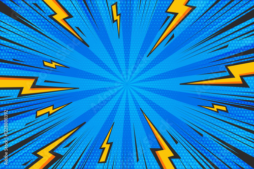 Cartoon comic background with lightnings. Pop art graphic with halftone effect and radial thunders. Blue abstract vector illustration with flash light and speed lines frame.