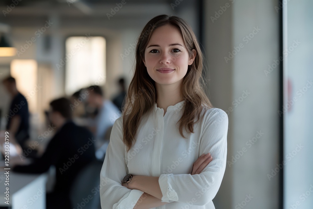 smiling business woman standing in the office with her arms crossed smiling business woman standing in the office with her arms crossed