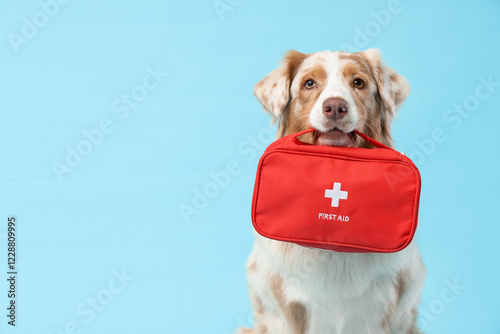 Cute Australian Shepherd dog with first aid kit on blue background photo