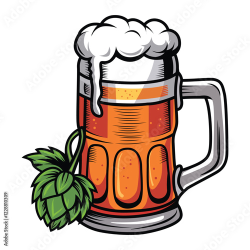 Beer glass and cannabis leaf hand drawing flat color vector clipart illustration.