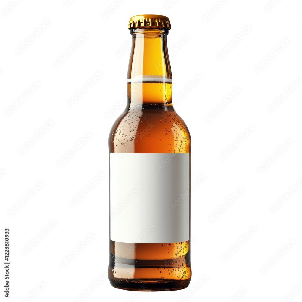 The image shows a single, chilled bottle of beer with a blank white label against a black background. The image shows a single, chilled bottle of beer with a blank white label against a black background.