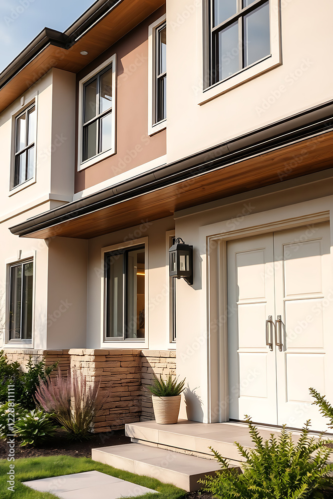 Obraz premium Modern Home Exterior: Contemporary Architecture and Design. Luxury Real Estate Property with Stunning Facade and Landscaping