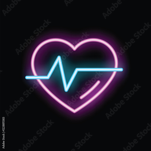 Neon heartbeat is glowing on a black background, representing love and healthcare