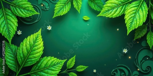 Vibrant green leaves & floral swirls on abstract background, backdrop, beauty, trendy