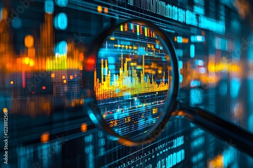 analyzing stock market charts with a magnifying glass, focusing on financial graphs and data trends.stock markert, crypto, The concept of business improvement through analytics. photo