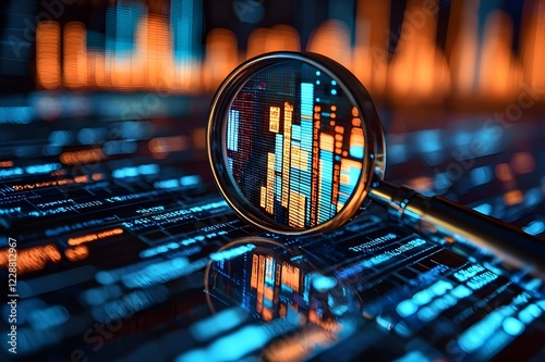 analyzing stock market charts with a magnifying glass, focusing on financial graphs and data trends.stock markert, crypto, The concept of business improvement through analytics.