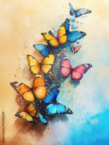Illustration showing colorful butterflies in a yellow and blue background