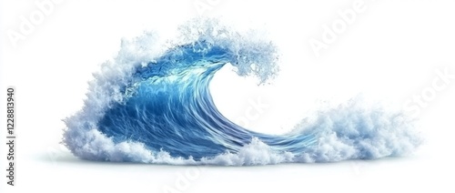 Ocean wave breaking, isolated, white background, power, nature