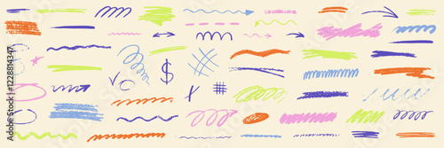 Line curve with texture crayon chalk. Scribble hand drawn set underline colorful on beige background. Underline curve crayon chalk set, Vector illustration