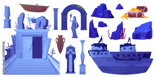 Vector set "Atlantis" with a sunken ship, chest of gold and jewelry and a statue