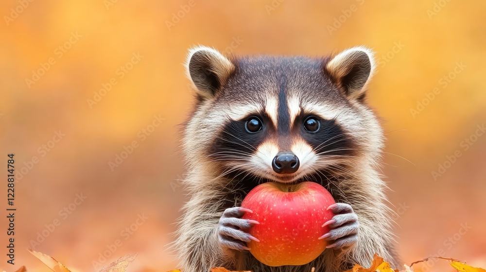 Obraz premium Cute raccoon holding a red apple in a colorful autumn setting