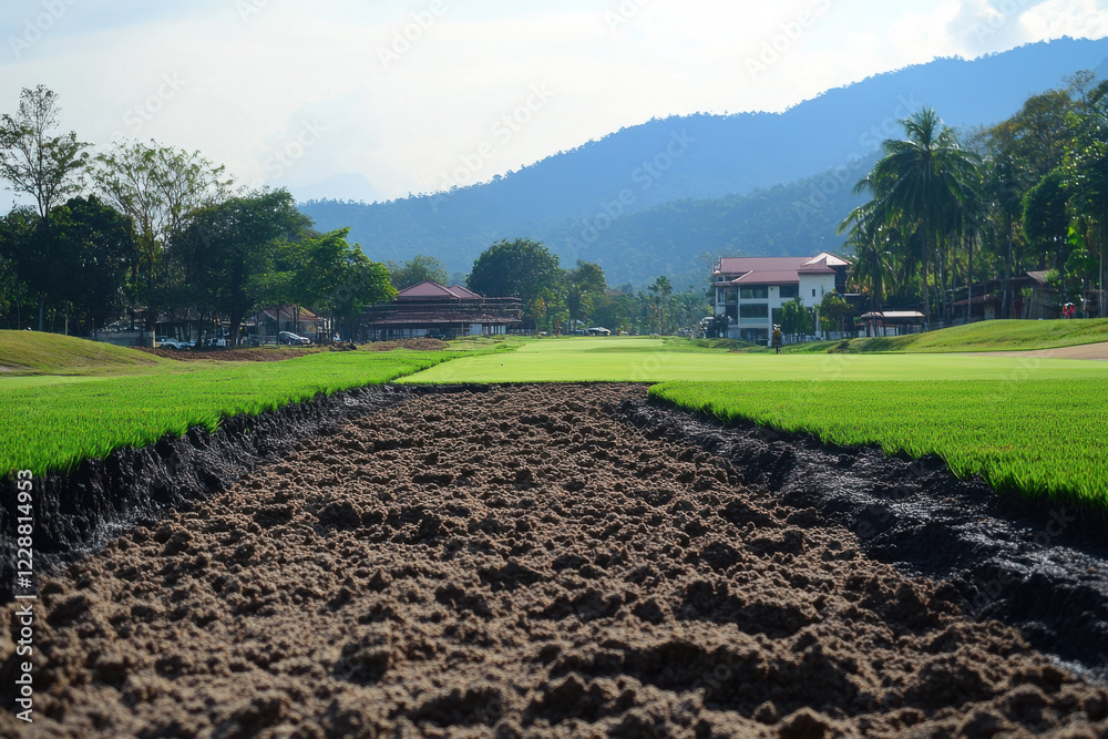 Fototapeta premium Golf course under development with grass growing in defined areas