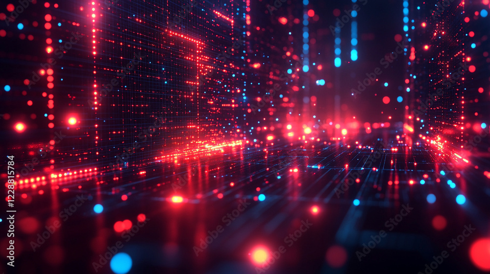 Fototapeta premium Battery storage systems in a high-tech facility with racks and glowing indicators minimalistic bright tone modern blurred background with empty caption space on the side