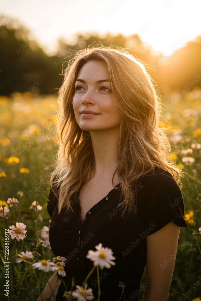 Naklejka premium Woman in a Field of Flowers at Sunset