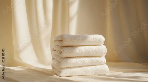 A cozy stack of white towels arranged perfectly, with soft shadows and plenty of blank space for text or branding
