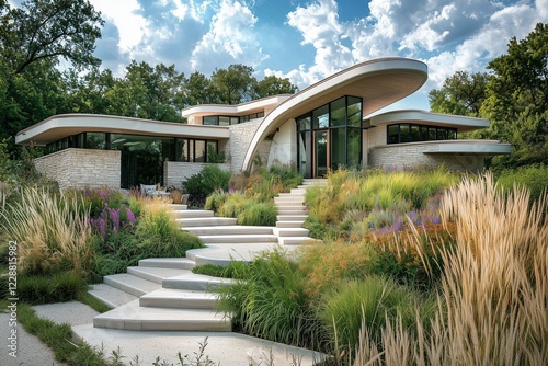Suburban mansion with sculptural roofs and a garden of tall grasses and floating stairs.