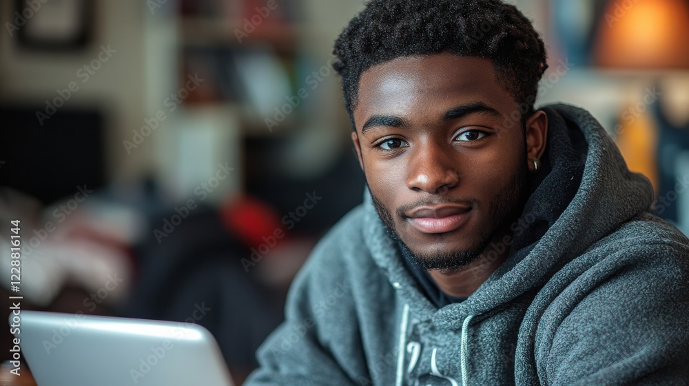 A student studying with a laptop in a dorm room A student studying with a laptop in a dorm room