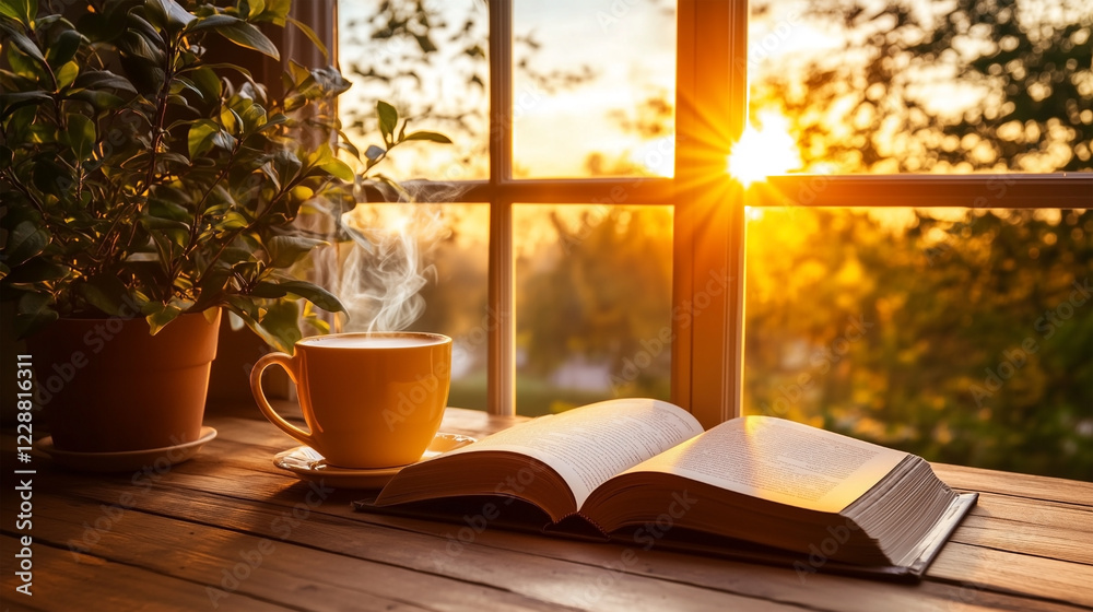 A book is open on a table next to a cup of coffee A book is open on a table next to a cup of coffee