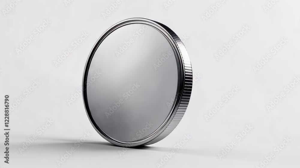 A minimalist round silver token with a reflective surface, perfect for financial or award concepts.