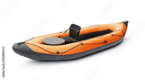 Orange inflatable kayak with seat and storage. photo