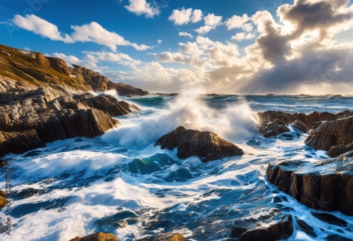 vivid coastal scene dynamic waves crashing rugged rocky shores under bright blue sky foamy white splashes, beach, coastline, ocean, water, sand, surf photo