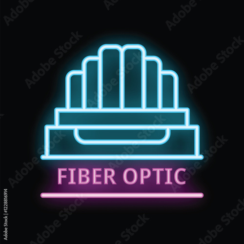 Neon sign of fiber optic cable glowing blue and pink on black background