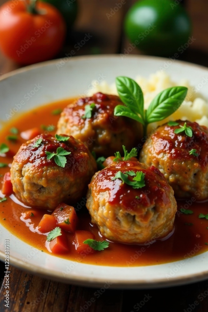 Steamed eggplant served with spiced lamb or beef meatballs, dish, steaming, hearty Steamed eggplant served with spiced lamb or beef meatballs, dish, steaming, hearty