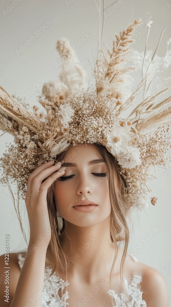 Elegant Portrait of Woman in Floral Crown with Dried Flowers Elegant Portrait of Woman in Floral Crown with Dried Flowers