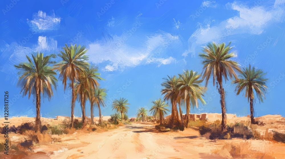 A picturesque desert scene featuring a vibrant date palm grove along a sandy trail under a cloudless bright blue sky A picturesque desert scene featuring a vibrant date palm grove along a sandy trail under a cloudless bright blue sky